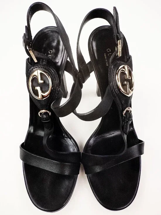 Gucci Double G Black Leather Ankle Strap Sandals Gold Logo Sz 39.5 - Picture 2 of 12